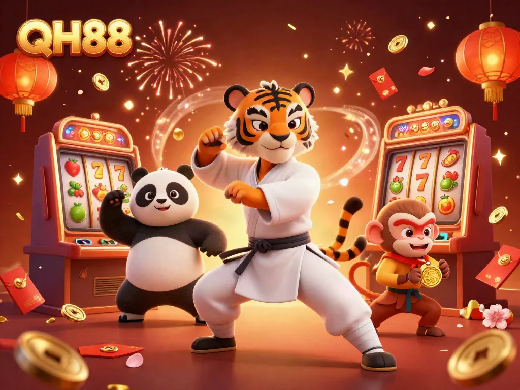 Engage in exciting gaming adventures with QH88's vibrant casino scene featuring animated characters.