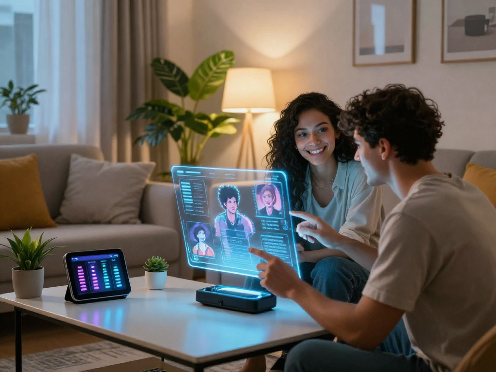 Couple exploring emotional connections with sex ai through holographic interface in a cozy tech environment.
