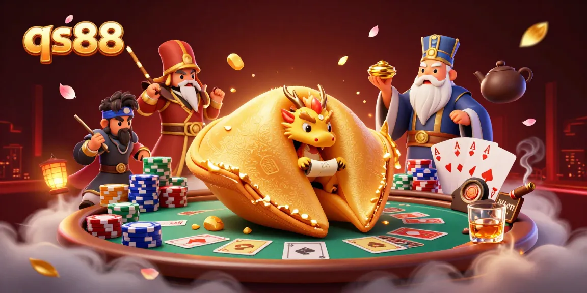Experience thrilling gaming at qs88 with a vibrant 3D illustration of a fortune cookie and poker elements.