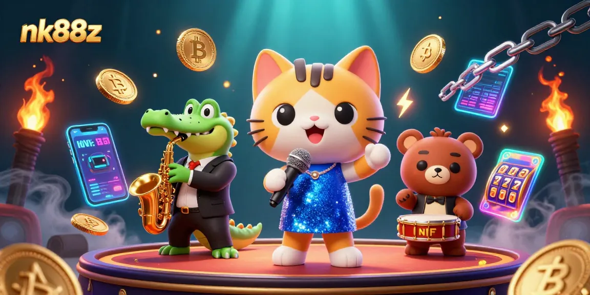 Experience the excitement at nk88z with a lively 3D scene featuring casino characters and crypto elements.